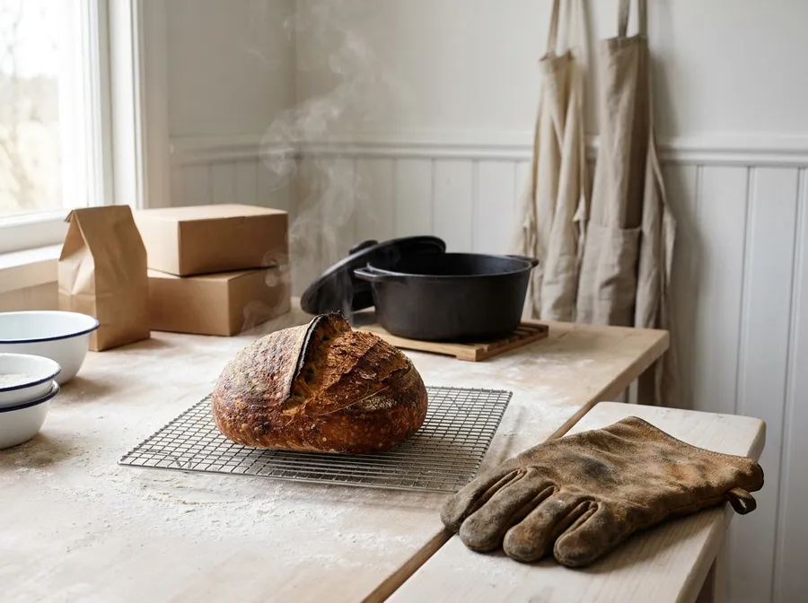 A round sourdough loaf on a cooling rack beside a cast iron pot